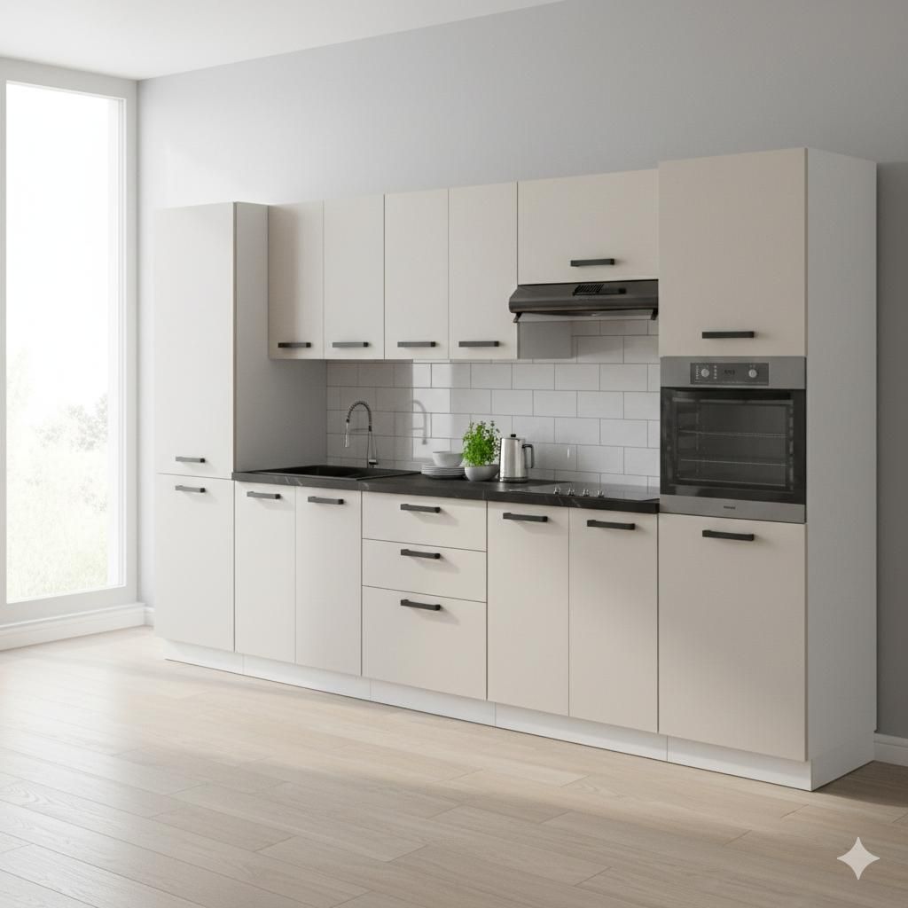 ULWEHOME Küchenmöbel Küchenmöbel-Set Küche Milan 320 cm | Unterschrank - Arbeitsplatte - Backofenschrank - Vorratsschrank - Regal | Kaschmir 3...