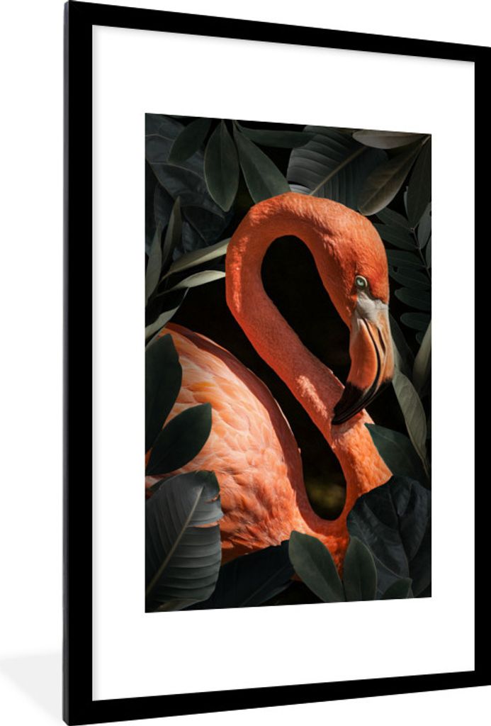 MuchoWow MuchoWow Gerahmtes Poster Flamingo - Porträt - Blätter 60x90 cm - Poster mit zchwarzem Bilderrahmen - Dekoration - Wandposter Wohnzi...