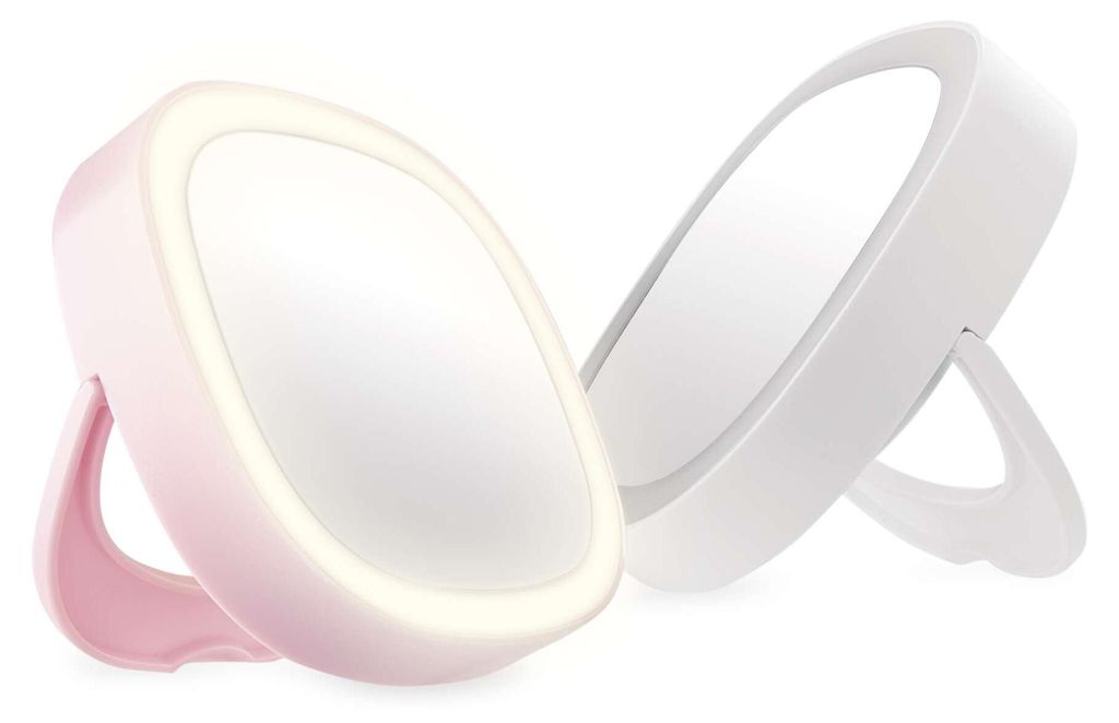 EMOS LED Taschenspiegel mit Licht, 10 Stück kleiner Kosmetikspiegel mit Ständer in 2 Farben (weiß, rosa), 2 Lichtmodi, inkl. Batterien, P4718