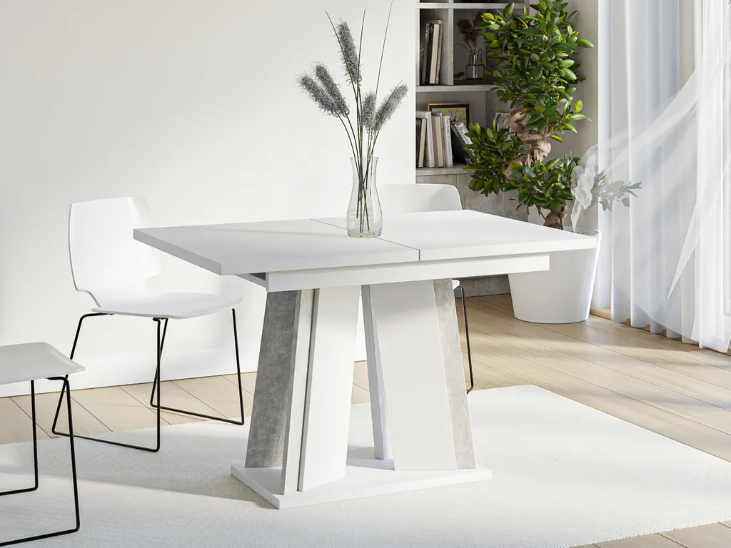 Table de salle à manger extensible 120x80 cm en décor béton et blanc