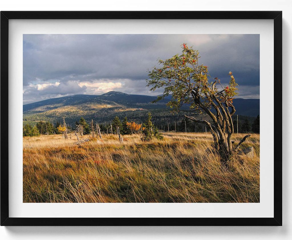 Riesengebirge im Herbst– Wandbild mit Rahmen – Gerahmtes Bild – Wanddekoration – 80x60 cm – Schwarz Rahmen