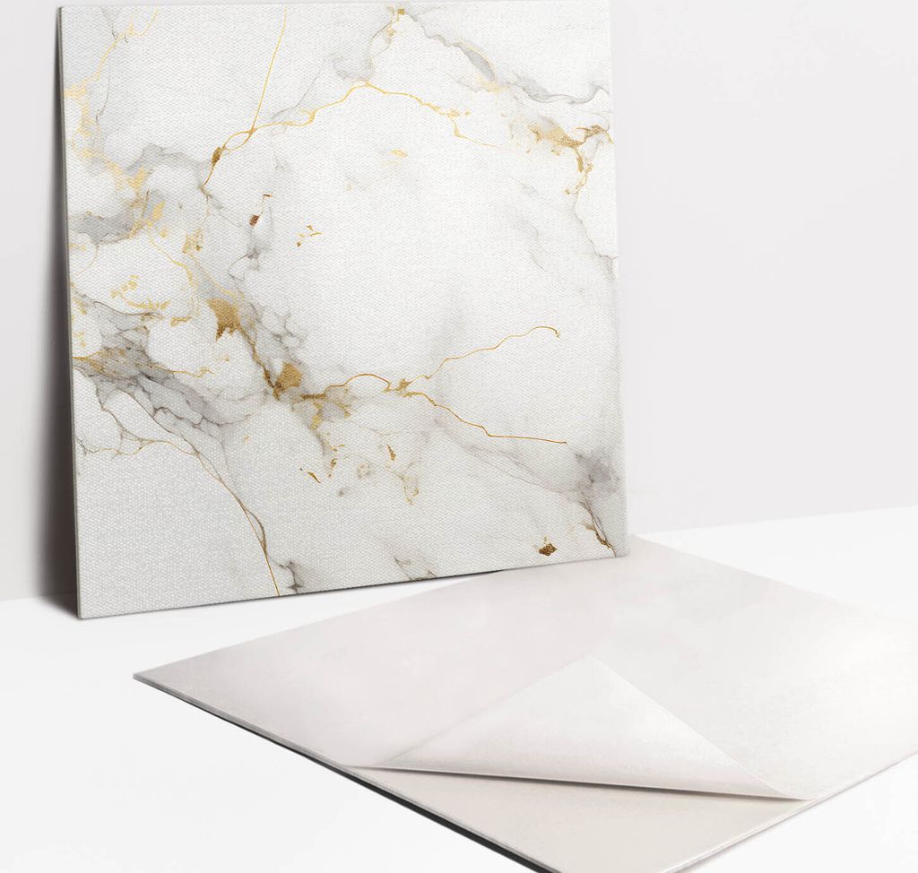 Fliesenaufkleber Set für Bad und Küche - 9 Fliesen Selbstklebend PVC - 30 x 30 - Elegantes Marmor und Gold