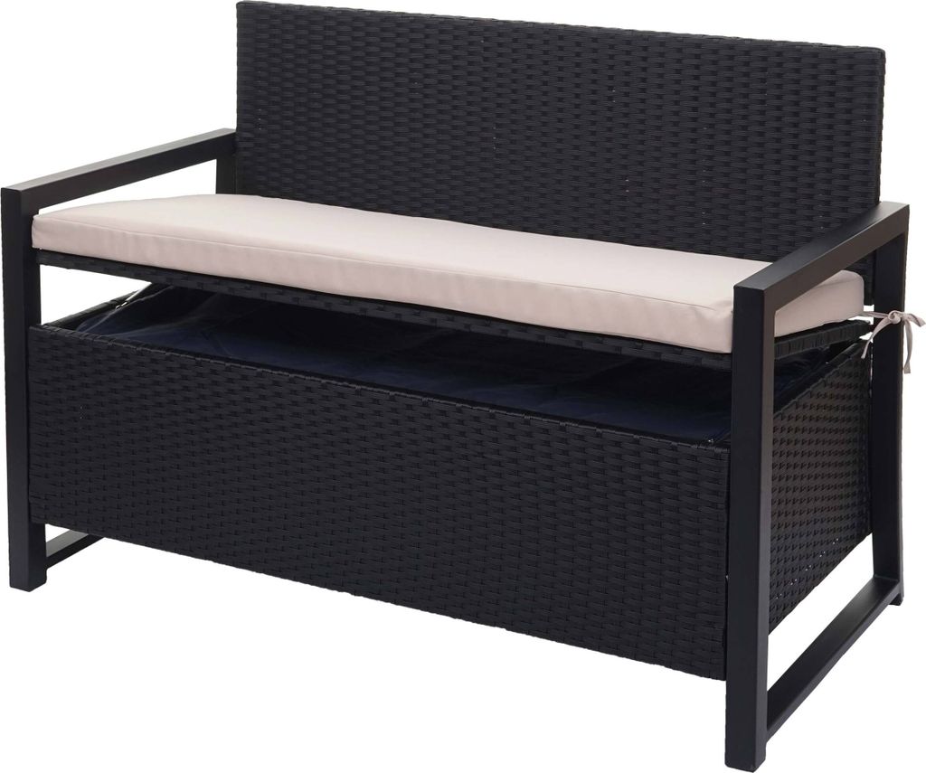 A black poly-rattan storage bench with a beige cushion is shown against a white background.