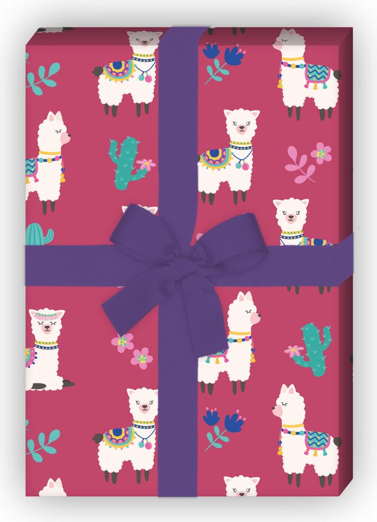 Fröhliches Lama Geschenkpapier mit Kaktus und Lamas, rot - G11836, 32 x 48cm