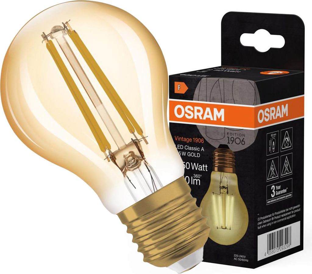 A product shot of an Osram LED filament light bulb and its packaging.