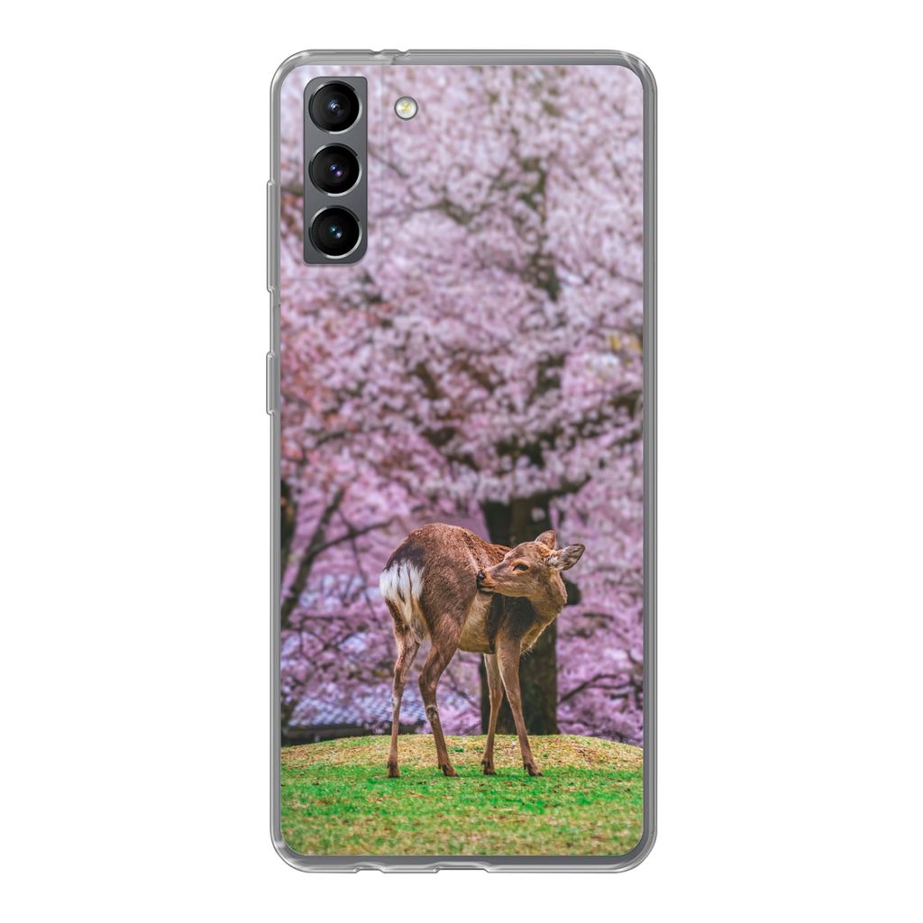 MuchoWow Handyhülle Schutzhülle Hülle für Samsung Galaxy S21 Plus Hirsch - Rosa - Blüte Silikon Softcase Handy Hülle - Handy-Tasche