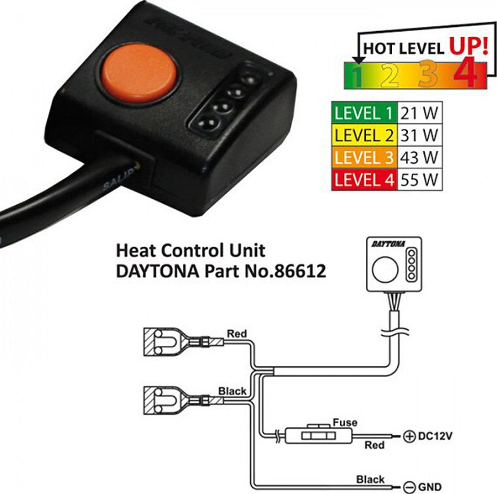 Schalter Heizgriffe Daytona, 4 fach verstellbar, neue Version Type-A (86612) Kabel schwarz-schwarz