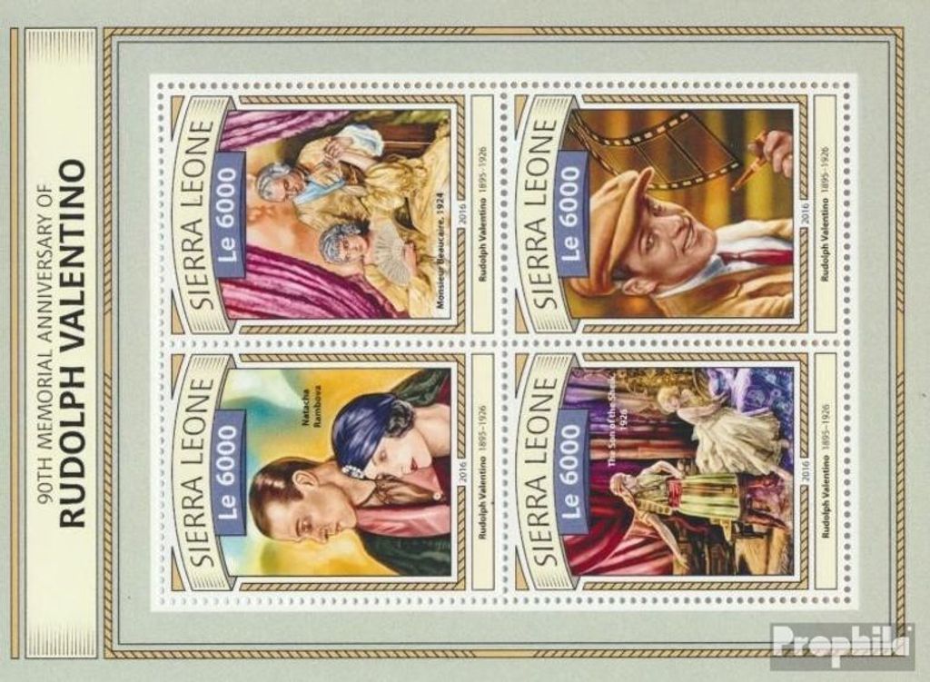 Briefmarken Sierra Leone 2016 Mi 7768-7771 Kleinbogen (kompl. Ausg.) postfrisch Rudolf Valentino