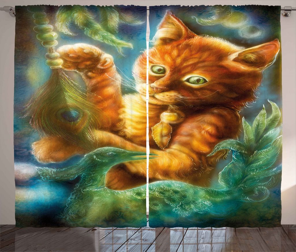 ABAKUHAUS Katze Rustikaler Vorhang, Fantasie Peacock, Wohnzimmer Universalband Gardinen mit Schlaufen und Haken, 280 x 245 cm, Orange Grün Blau