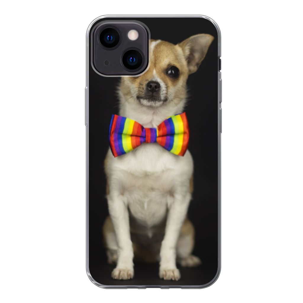 MuchoWow Handyhülle Schutzhülle Hülle für iPhone 13 Hund - Fliege - Schwarz Silikon Softcase Handy Hülle