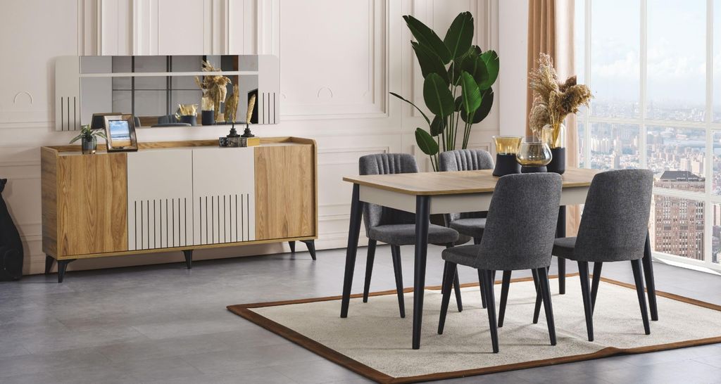 Esszimmer set Esstisch 4x Stuhle und Sideboard mit Spiegel modern Set