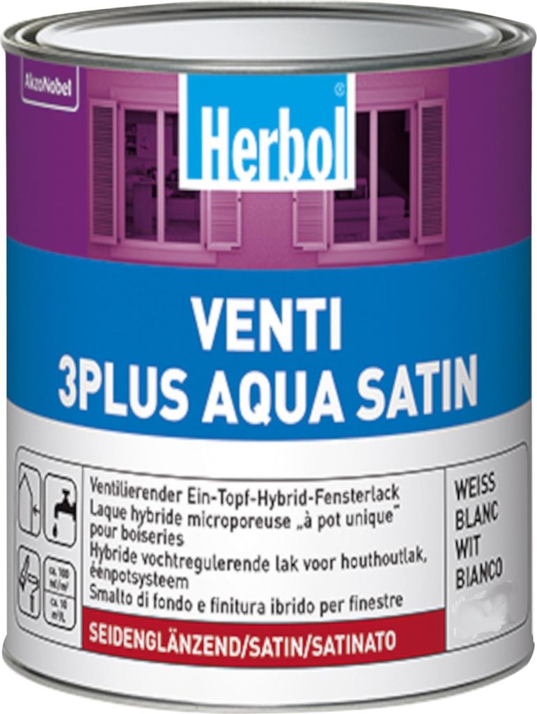 Herbol Venti 3Plus Aqua Satin, Farbe, Basis, Satiniert-glänzende Oberfläche, LU2, Auf Wasserbasis, Pinsel, Farbroller, Farbspritzpistole