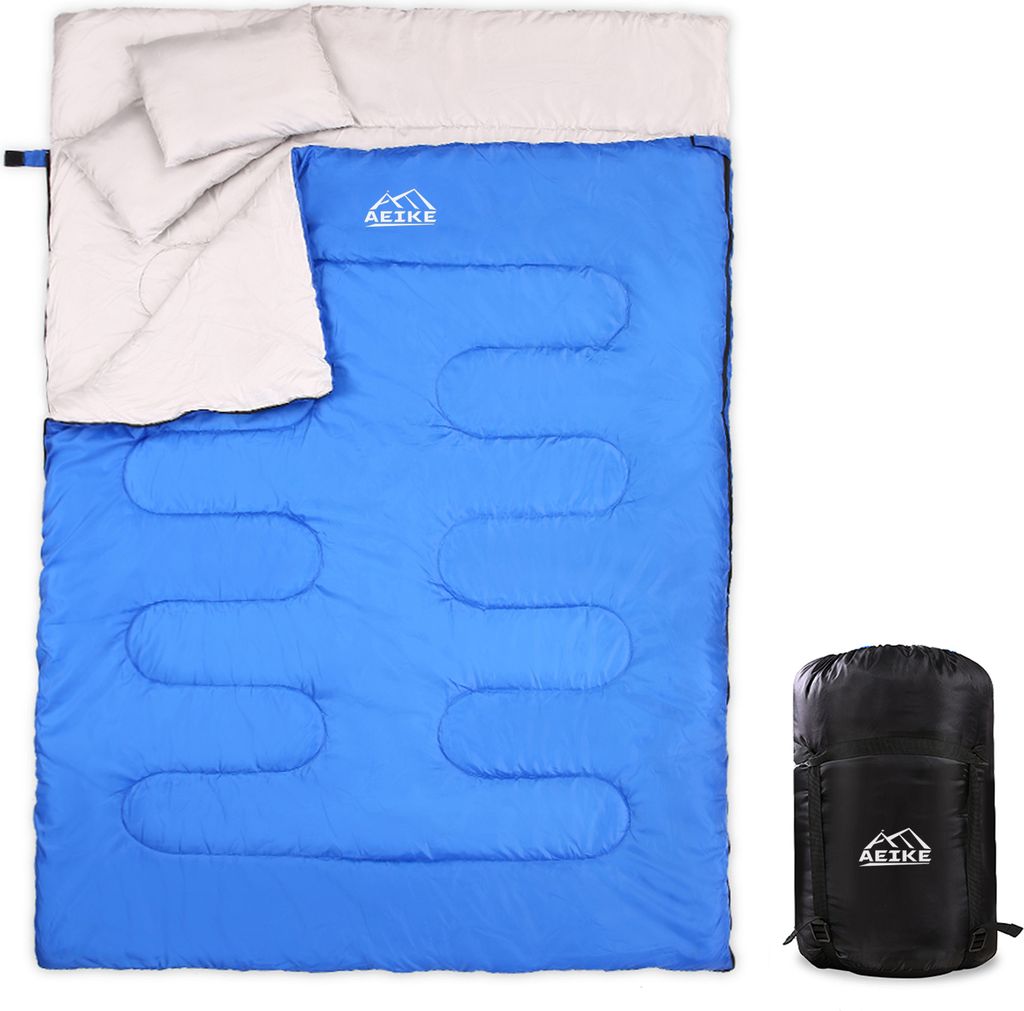 86''x60'' Doppel-Thermoschlafsack 2 Personen Outdoor Camping Wandern Schlafsack mit 2 Kissen