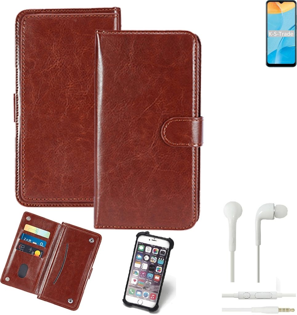 K-S-Trade 360° Hülle kompatibel mit Oppo A35 inkl. Headphones braun Kunstleder Case BookCase WalletCase Kunstlederederhülle Handyhülle,