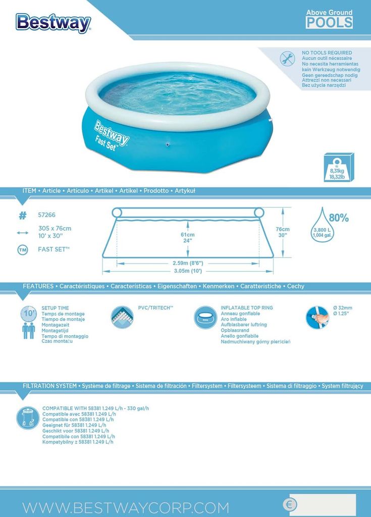 Bestway Fast Set Aufblasbarer Swimmingpool Rund 305x76 cm Produktbild 28