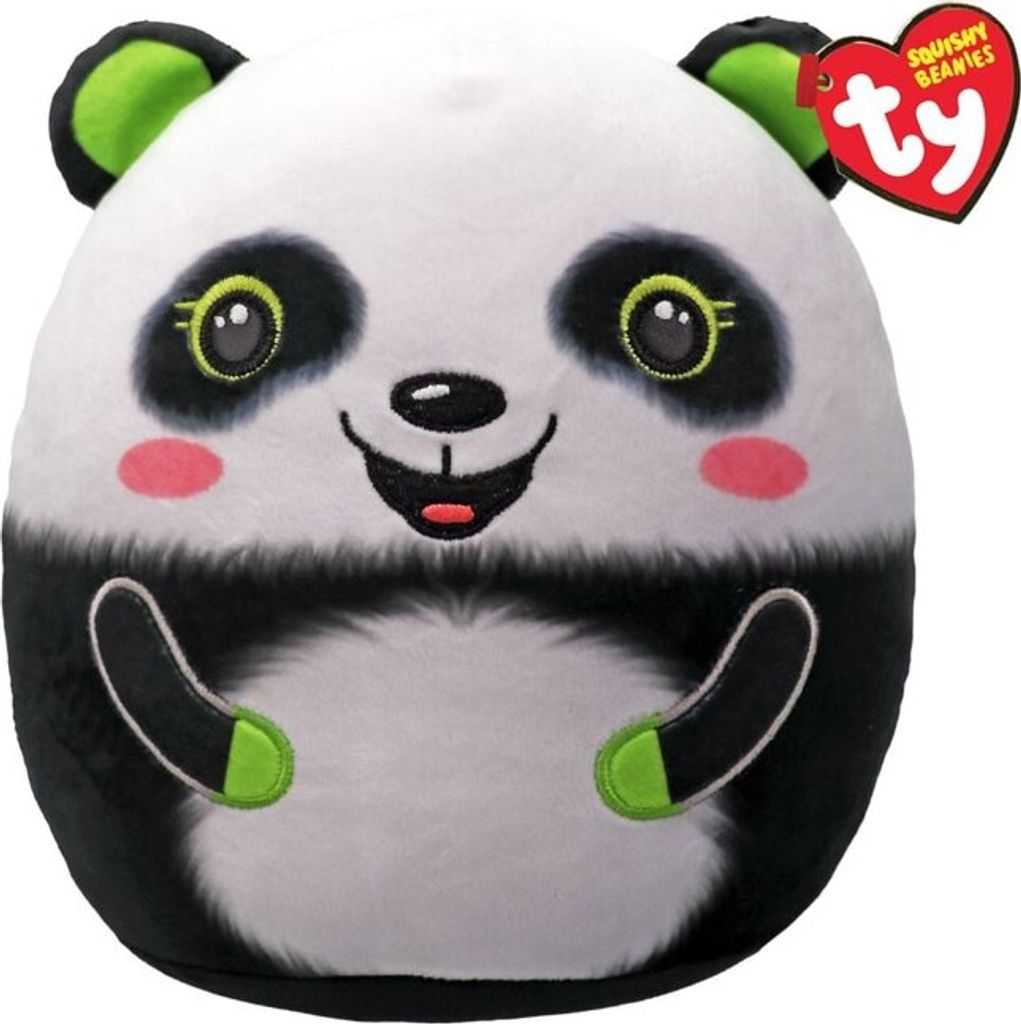 A plush toy panda with a red Ty tag attached.