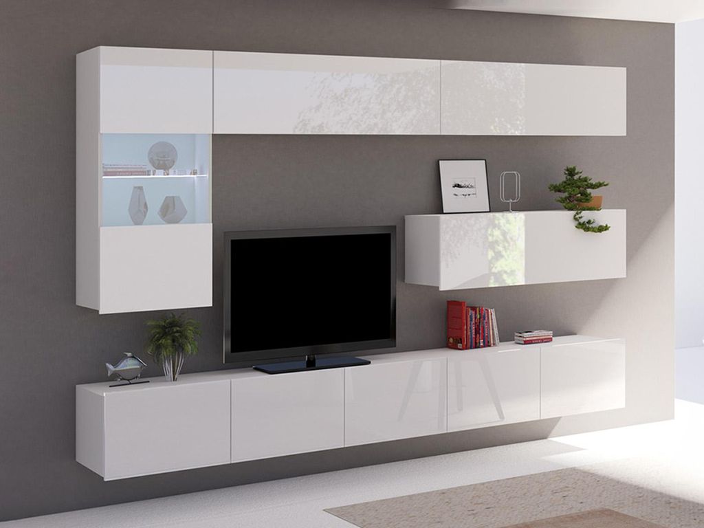 Wohnwand CALABRINI-4 Wohnzimmer-Set Hängewohnwand Schrankwand mit LED-Beleuchtung TV-Schrank Vitrine Moderne Anbauwand Hochglanz (Weiß)