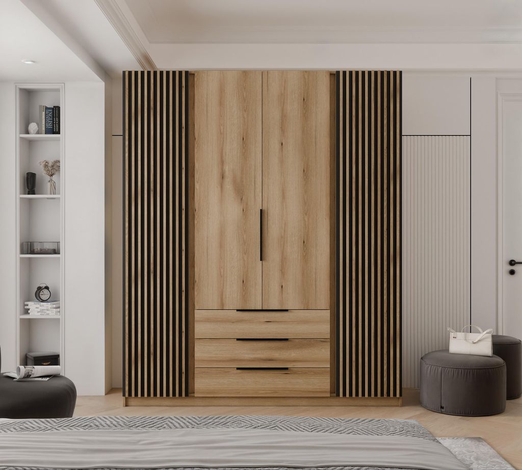 Viertüriger Drehtürenschrank VERONA mit Lamellen und Schubladen Moderner stilvoller Loft-Kleiderschrank schwarze