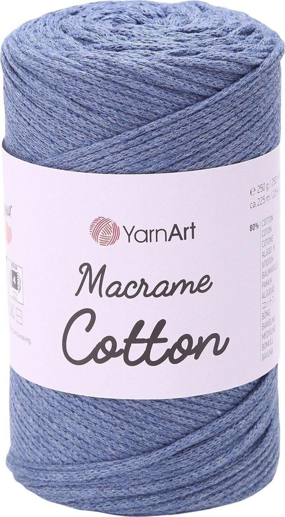 A spool of blue macrame cotton yarn with a label.