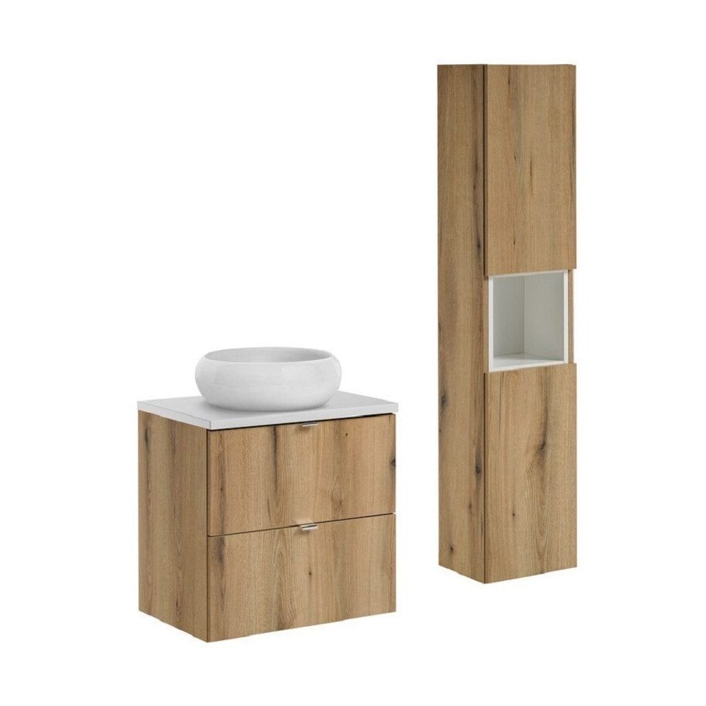 Badmöbel-Set mit Aufsatzwaschtisch und Hochschrank, Nova Oak N BM168 - Evoke Oak/Weiß