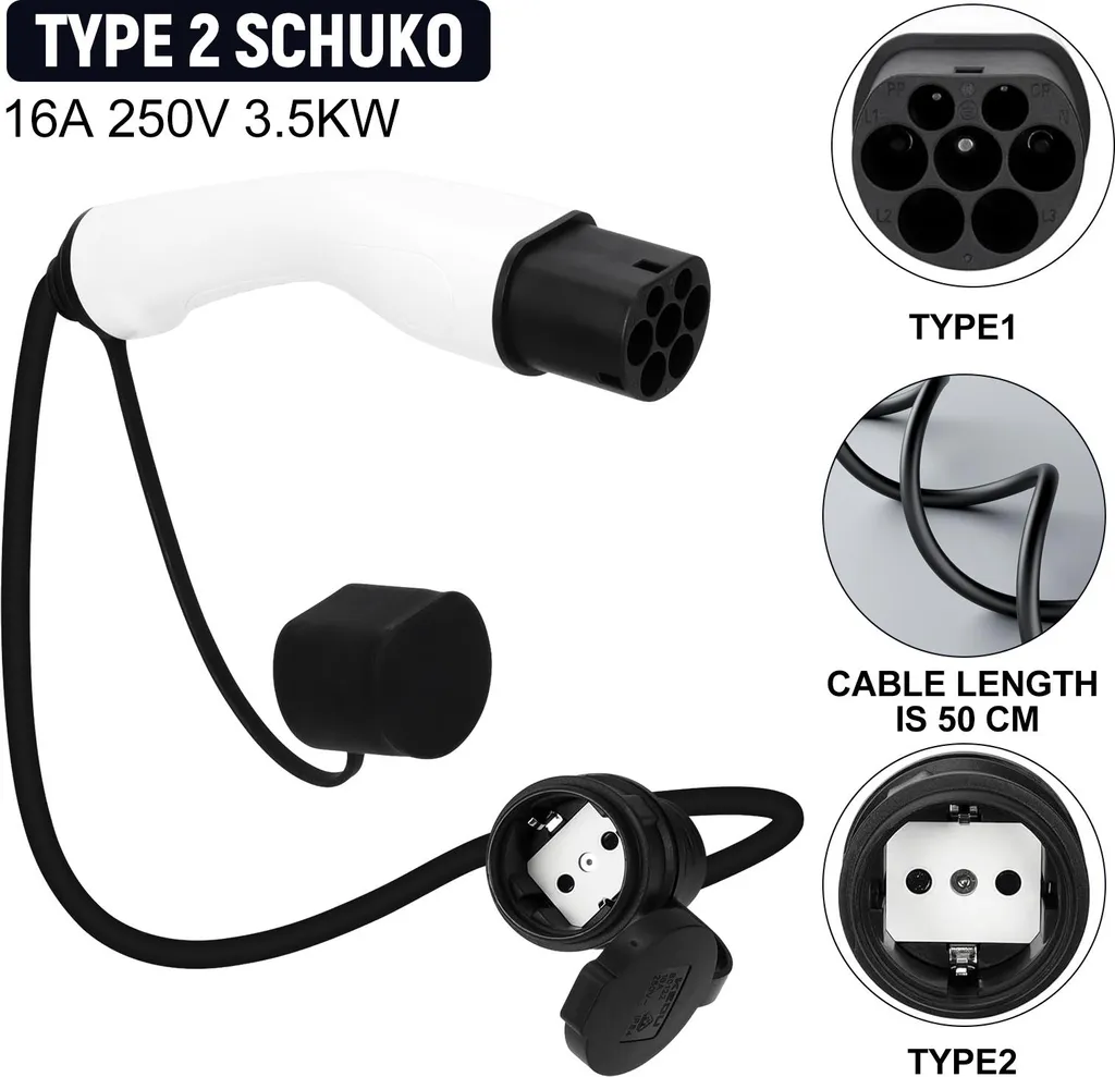 Adaptateur Type 2 vers Schuko 16A 250V pour recharge véhicule électrique
