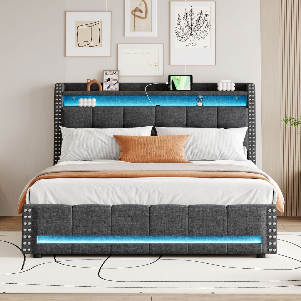 STILVORA Polsterbett 160x200 Doppelbett mit LED-Beleuchtung,Stauraumbett mit USB-Steckdose und 4 Schubladen/Kopfteil Stauraum,Grau(Ohne Matratze)