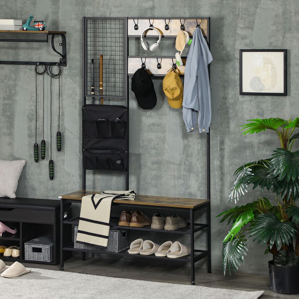 Garderobe Industrial 5-in-1 mit Memoboard, Sitzbank & Aufbewahrung, Rustikal-Braun | 100x40x185 cm | 8 Haken | Bank bis 80 kg