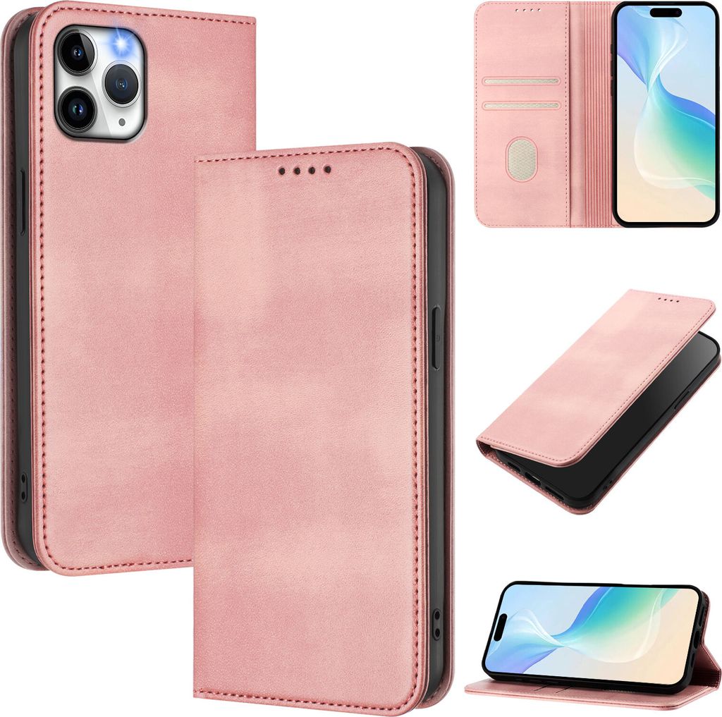 Handyhülle für iPhone 11 Pro, Vintage Leder RFID Schutz Kartenfach Standfunktion Magnetische Klapphülle Pink