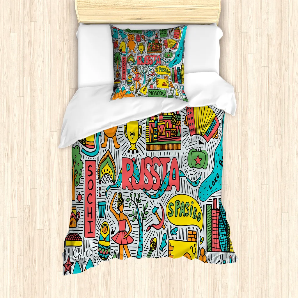 ABAKUHAUS Russia Set copripiumino per letti singoli, stile russo, antiacaro, adatto a chi soffre di allergie, con federa, 135 cm x 200 cm - 80 x 80 cm, multicolore