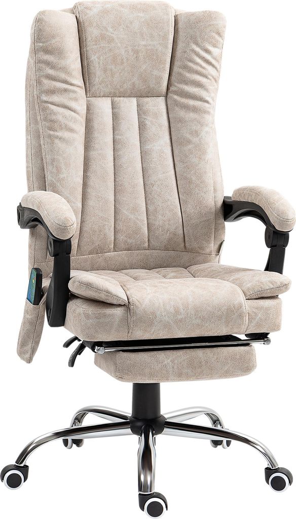 Bürostuhl mit Massagefunktion, Ergonomischer Schreibtischstuhl mit Liegefunktion, Heizfunktion, Seitentasche, Cremeweiß