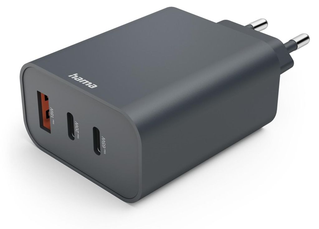 Hama Schnellladegerät 2xUSB-C, 1xUSB-A, PD 65W, Grau Produktbild 