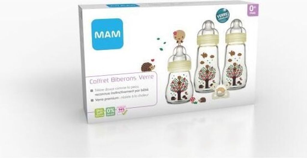 MAM Glasflaschen-Set (3 Glasflaschen + 1 Schnuller) - MAM Hitzebeständige Glasflasche - Glasflasche für Säuglinge ab Geburt und Silikon Schnuller