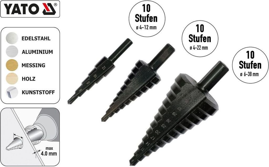 HSS TiN Profi Stufenbohrer Set 3-tlg. Schälbohrer Konusbohrer Kegelbohrer Fräser Metallbohrer