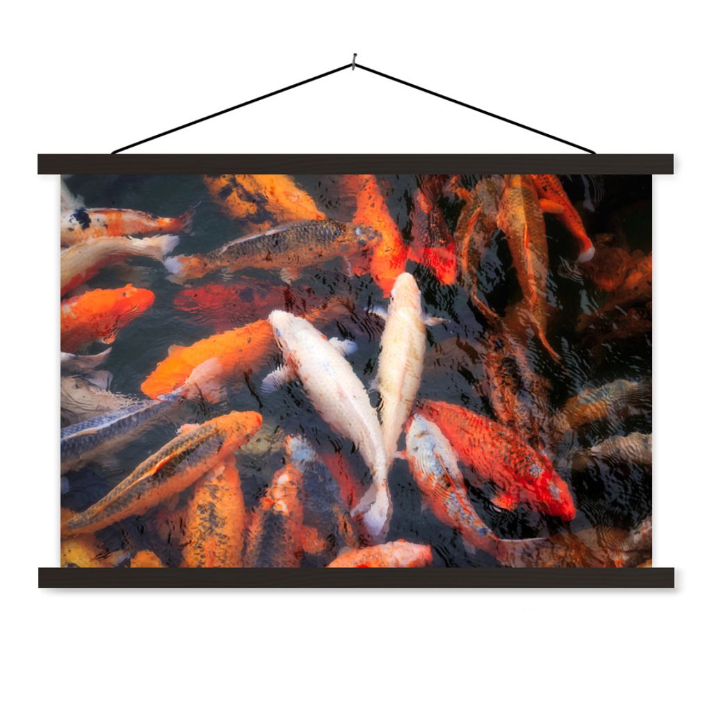 MuchoWow Textilposter Ein Teich mit Koi-Karpfen von oben 90x60 cm mit schwarzem Rahmen - Aufhängungssatz