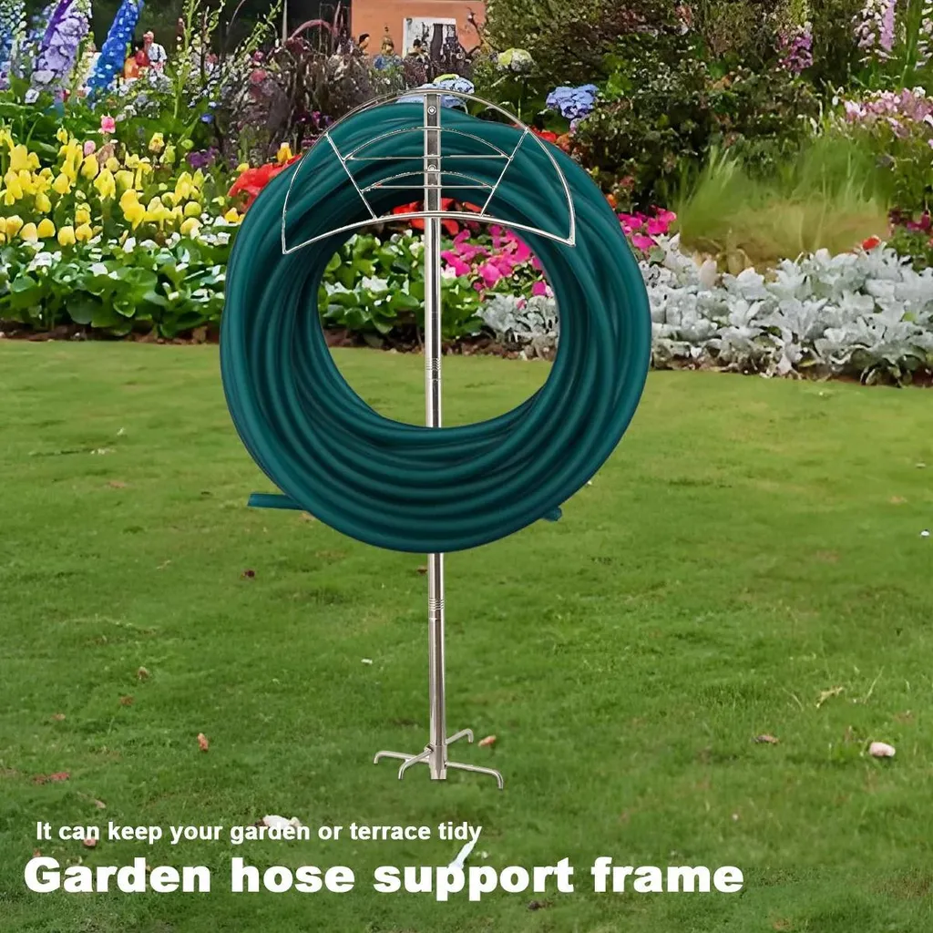 Support tuyau d'arrosage sur pied en métal robuste avec tablette utile