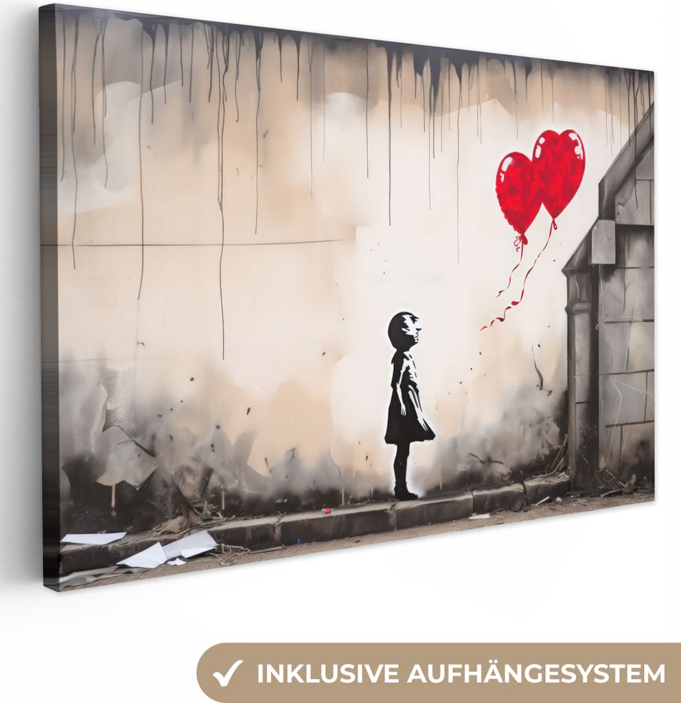 Wanddeko 60x40 cm - Banksy - Kunst - Mädchen - Luftballons - Herz - Grau, Wandbilder, Wanddeko Wohnzimmer