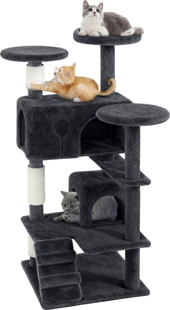 UISEBRT Dunkelgrau Katzenbaum 130 cm – Stabiler Kratzbaum mit Höhle, Sisal-Pfosten, Plattformen & Katzenregal Kletterturm Spiel- & Schlafplatz