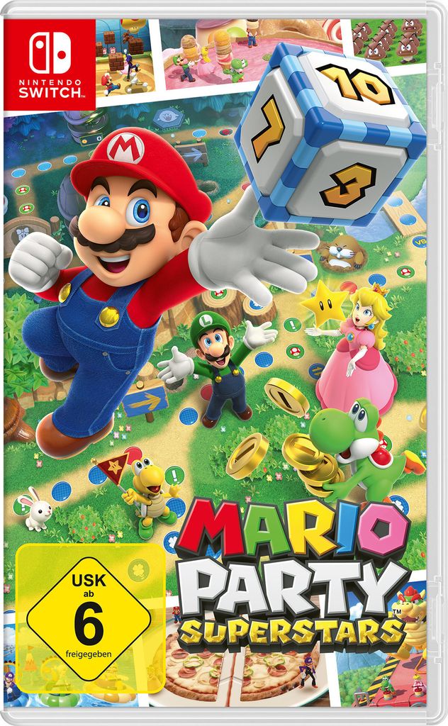 The cover art for the Nintendo Switch game Mario Party Superstars, featuring characters from the Mario franchise and game elements.