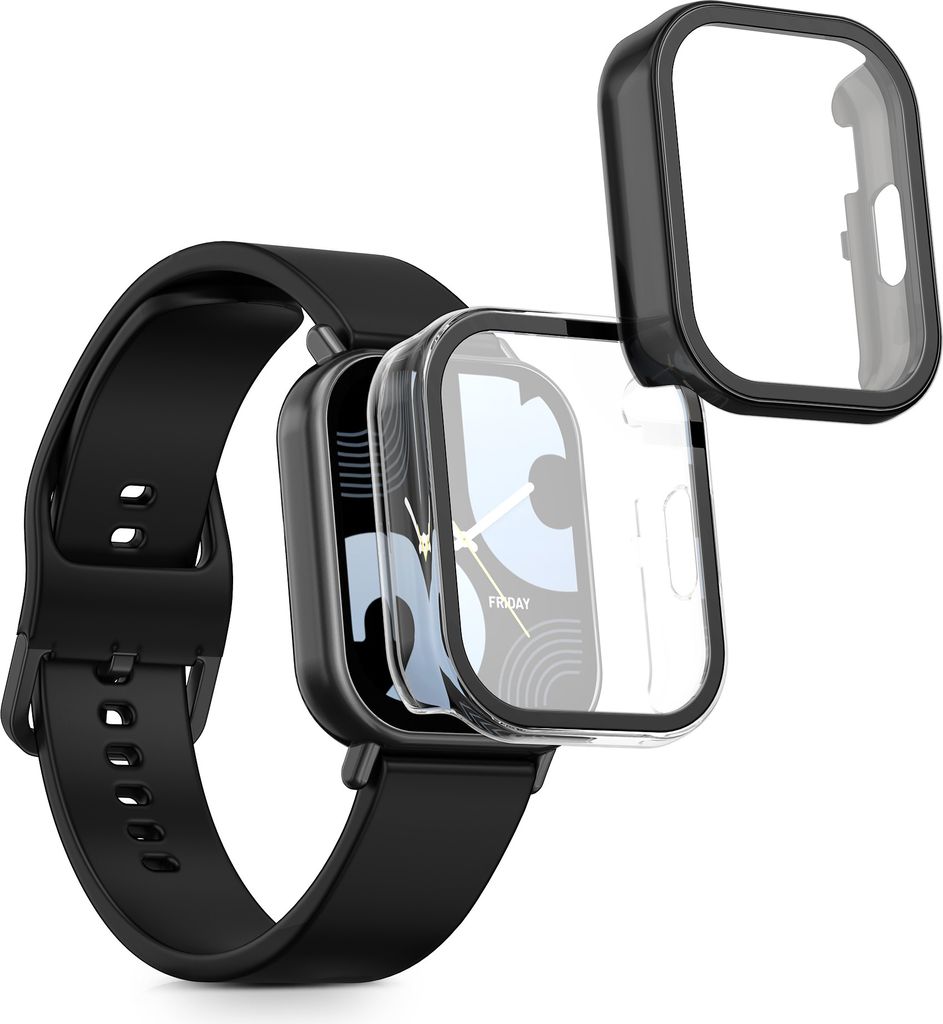 kwmobile 2x Glas Hülle für Xiaomi Redmi Watch 5 Lite Schutzhülle - Fullbody Fitnesstracker Case Set aus Glas - Transparent Schwarz