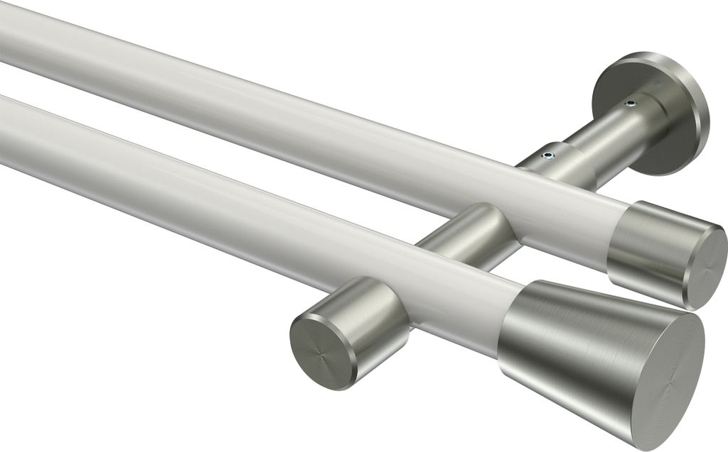 Interdeco Gardinenstange / Vorhangstange Weiß / Edelstahl-Optik, Typ Prestige Sitra (Konus) ohne Ringe, 20 mm Ø 2-läufig, 400 cm