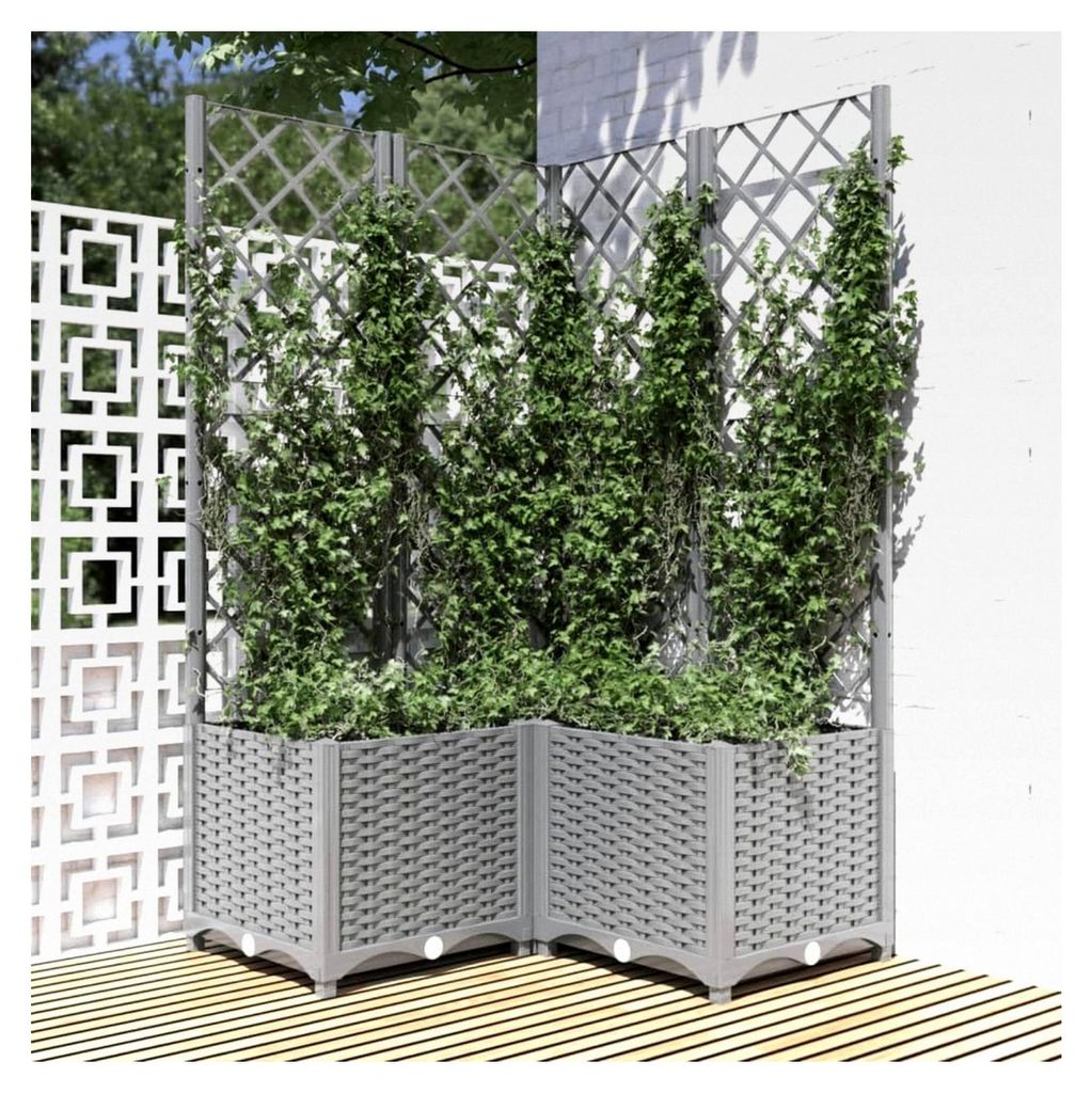 Blumenkasten mit Gitter, hellgrau, 80 x 80 x 136 cm, Polypropylen, Hochbeet, Pflanzschale für Blumen und Sukkulenten, Terrasse und Balkon