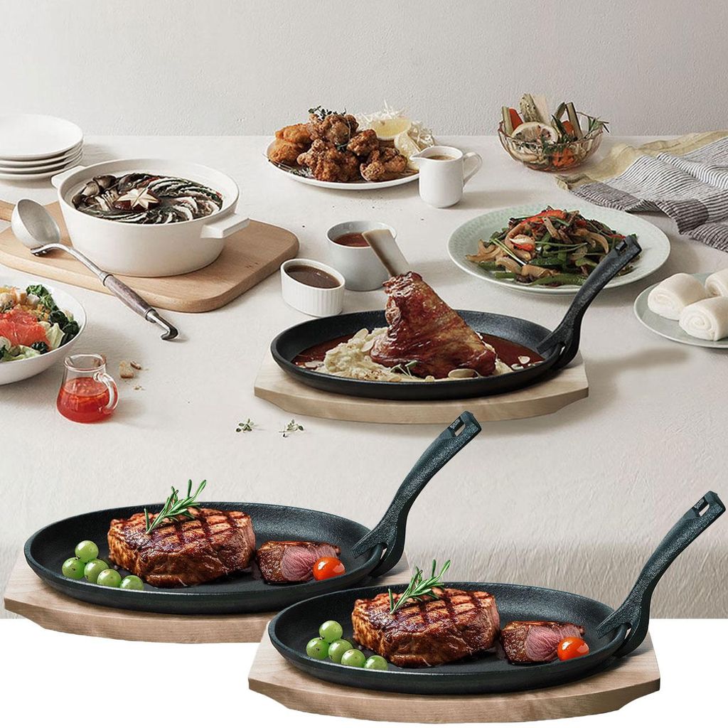 2er-Set Massive Profi Servierpfanne aus Gusseisen mit Holz-Untersetzer, 24 x 14 x 2,2 cm, Abnehmbarer Griff, bis 230 °C hitzebeständig