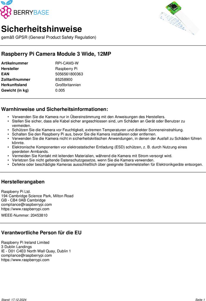Modul kamery Raspberry Pi 3 Wide, 12MP Obrázek produktu 5
