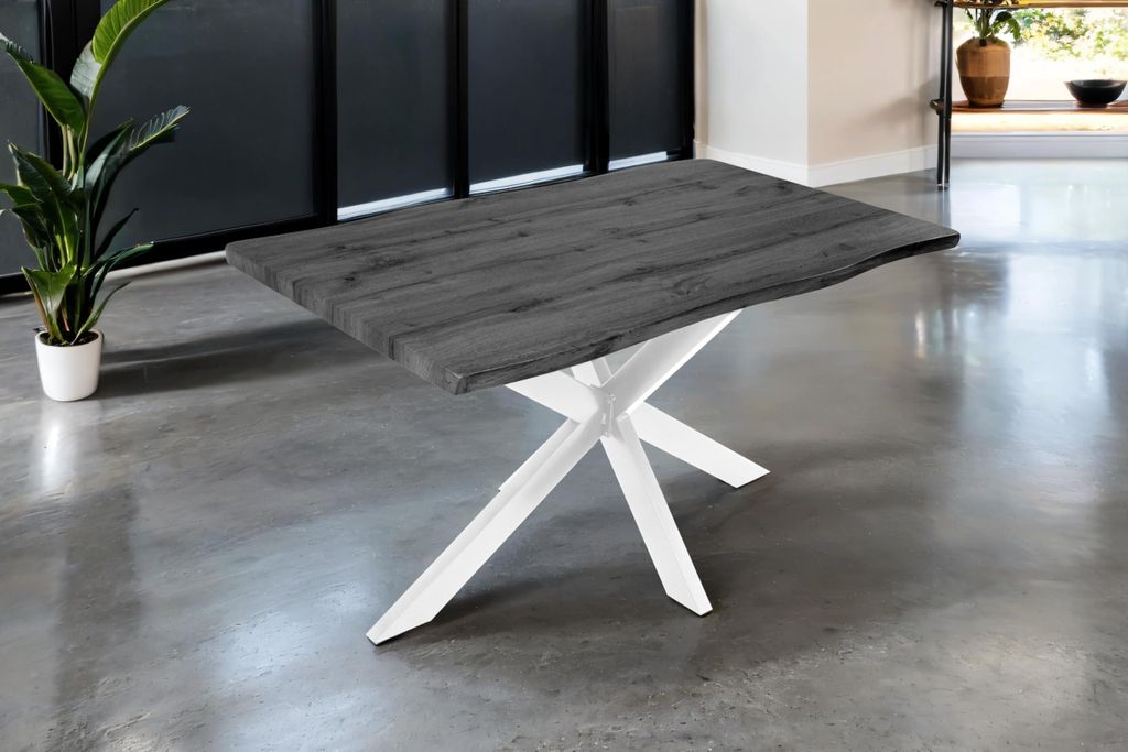 Esstisch Josy | 120 x 80 cm | Holz-Optik in Grau | Spider-Gestell Metall weiß | 40 mm Tischplatte mit Baumkante | Tisch für Esszimmer & Küche