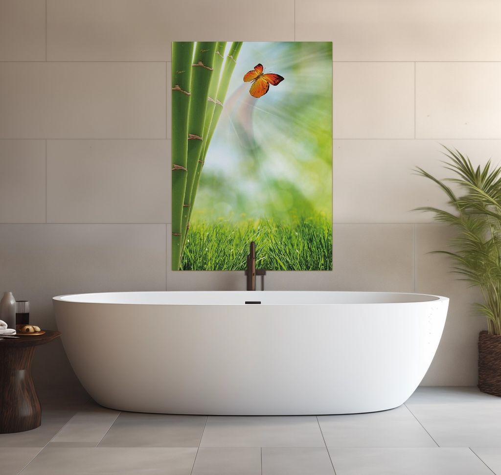 Wallario wasserfestes Poster selbstklebend 70 x 100 cm, Schmetterling im Grünen mit Bambus, Badezimmerposter Spritzschutz mit Hochglanzoberfläche...