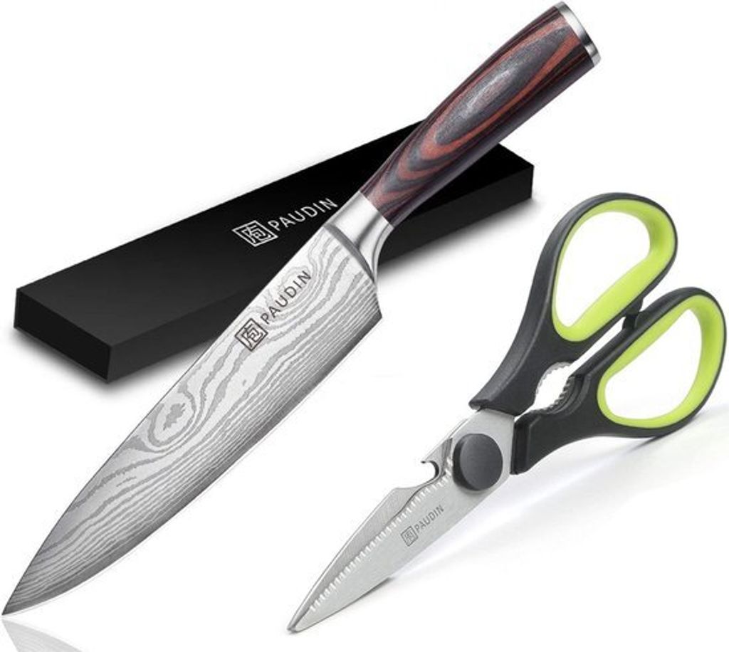 PAUDIN Profi Kochmesser 20 cm – Japanischer Schliff, ultrascharf, inkl. Küchenschere – Edelstahl 1.4116, ergonomischer Griff, Damast-Optik