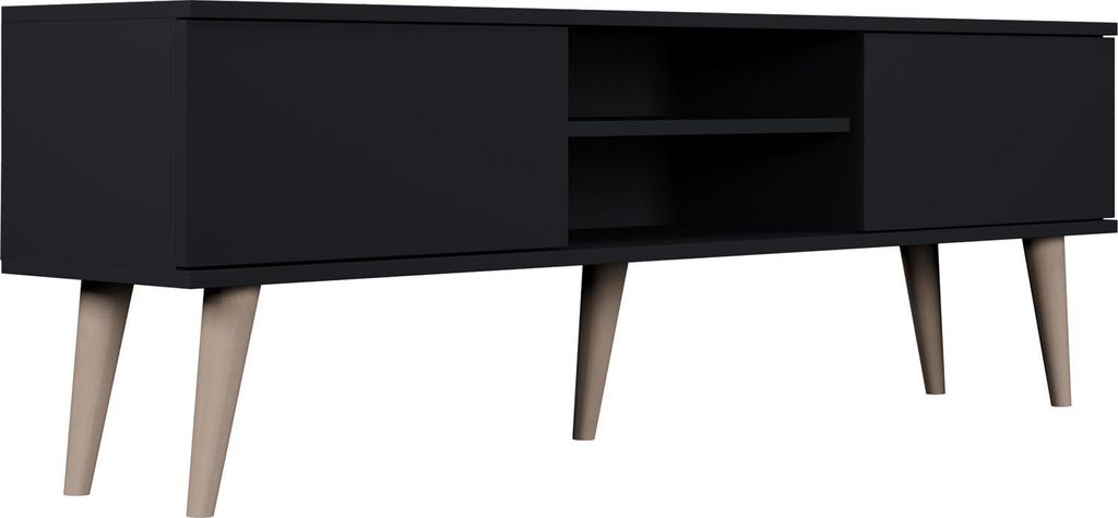 TV-Lowboard Fernsehtisch 160 cm in Schwarz – Soft-Close Türen, Stauraum & Kabeldurchlass – Skandinavisch Holzfüße, Holzbeine – Für Fernse...