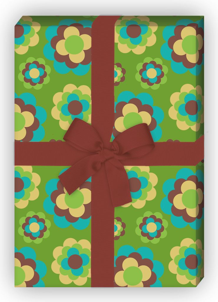 Frisches 70er Jahre Geschenkpapier mit Retro Streu Blüten in grün - G7229, 32 x 48cm