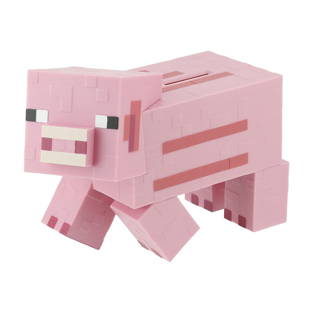 A pink Minecraft pig piggy bank is shown against a white background.