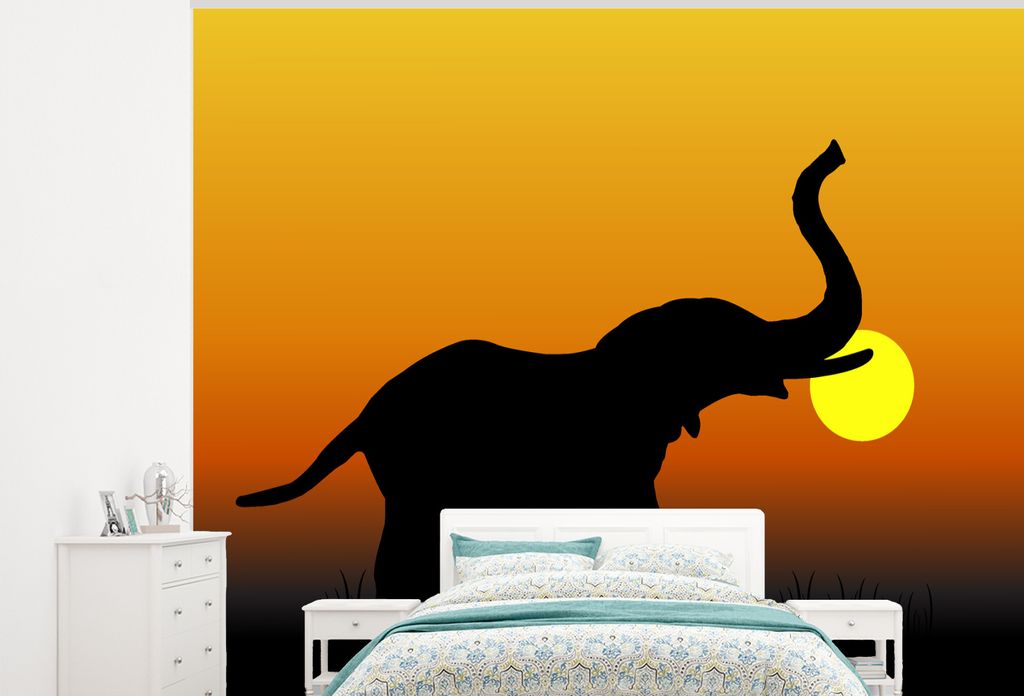 MuchoWow Fototapete für Wohnzimmer oder Schlafzimmer Wandtapete Vinyl Motivtapete Eine Vektor-Illustration eines Elefanten bei Sonnenuntergang -...
